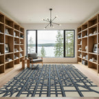 Modern Steel Geometric Grid Rug