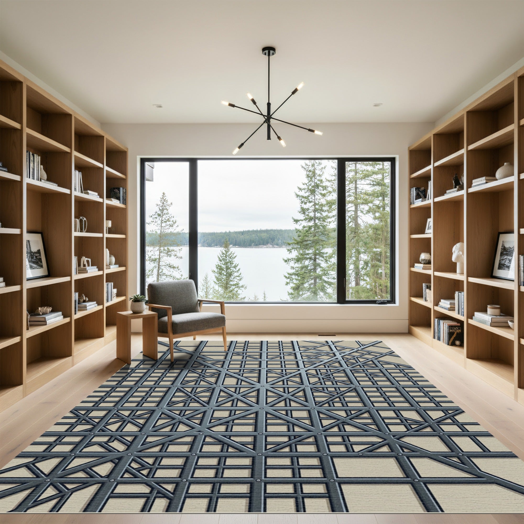 Modern Steel Geometric Grid Rug