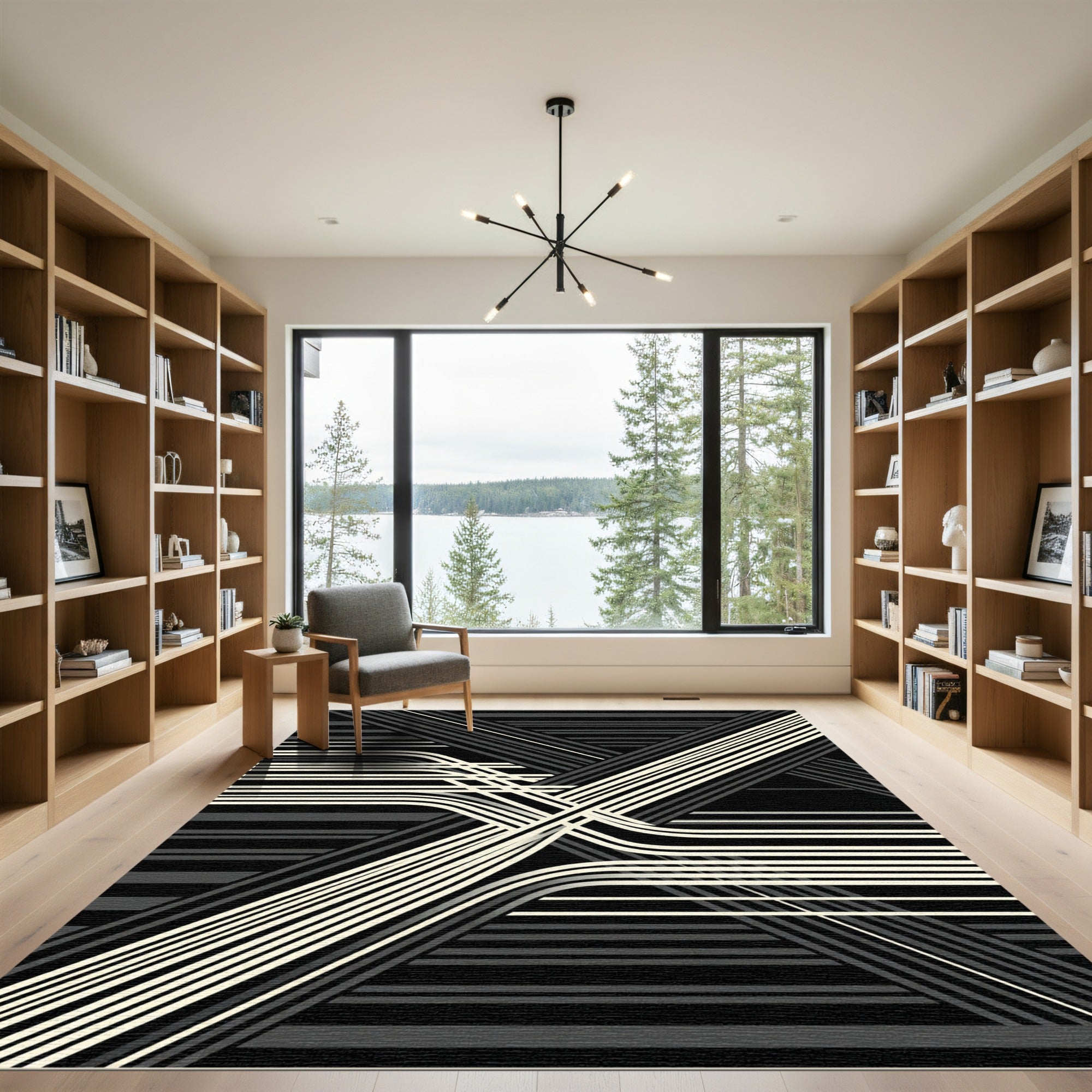 Monochrome Abstract Geometric Linear Composition Rug