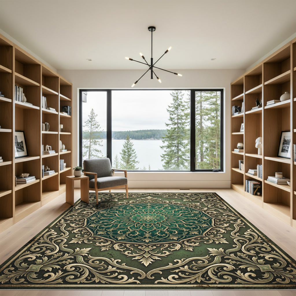 Elegant Emerald Filigree Ornate Medallion Rug