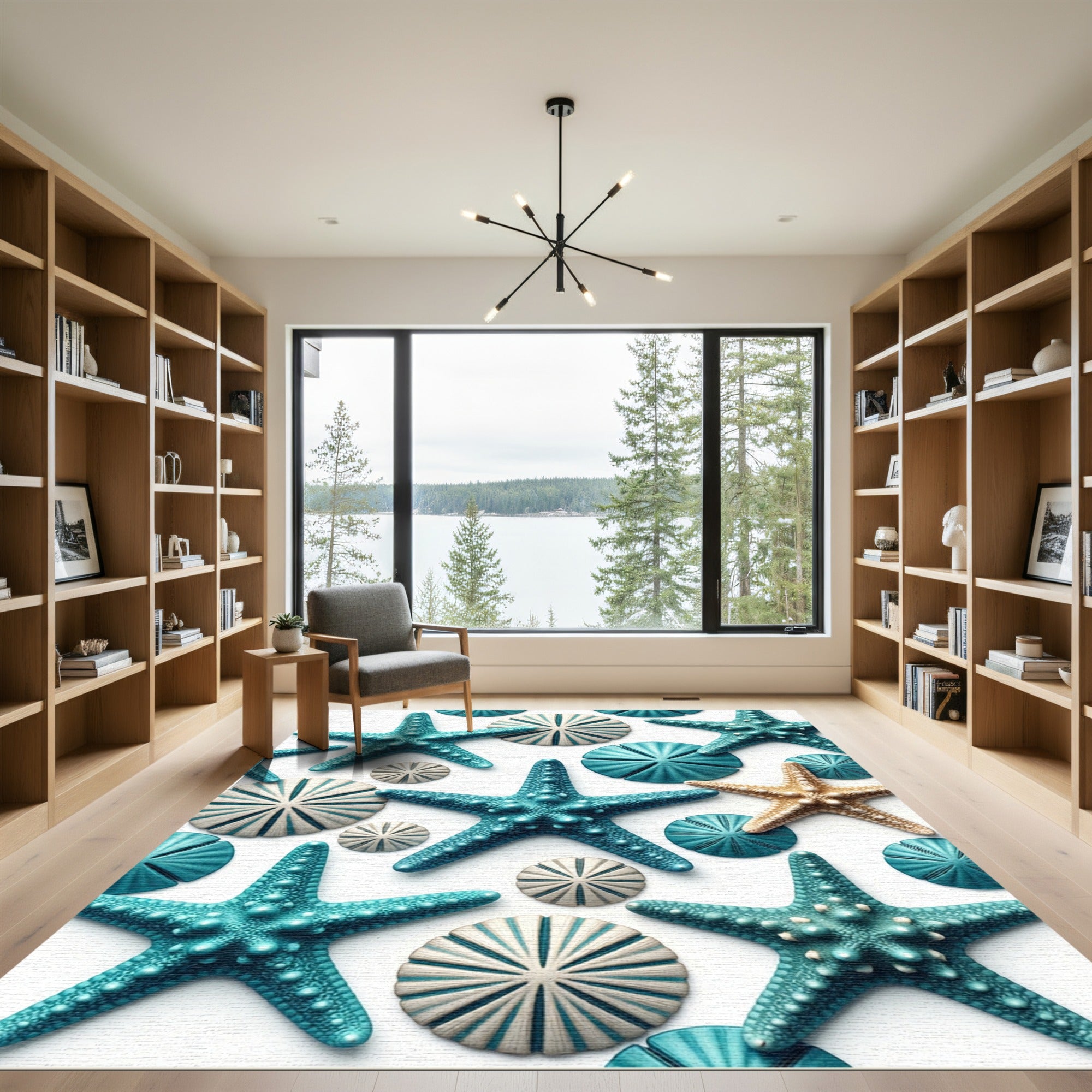 Coastal Turquoise Starfish and Shells Rug