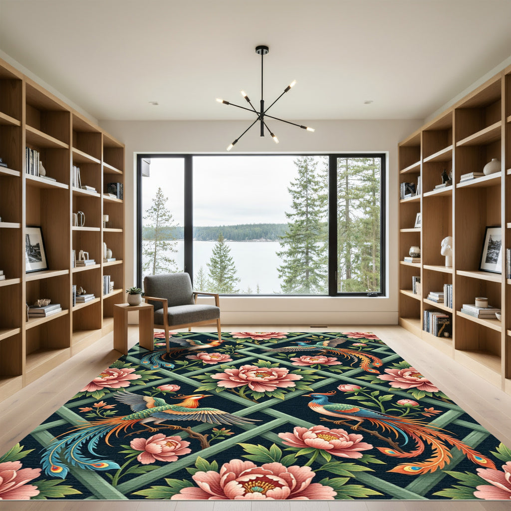Chinoiserie Phoenix Floral Lattice Art Rug