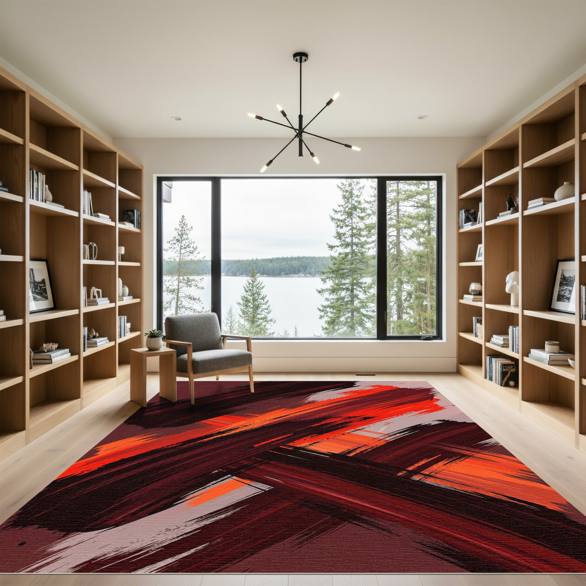 Vibrant Crimson Orange Abstract Brushstroke Rug