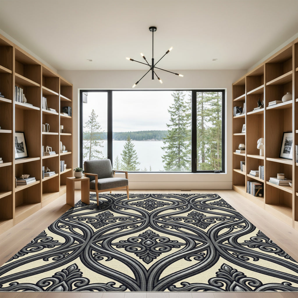 Elegant Charcoal Gray Damask Scroll Rug