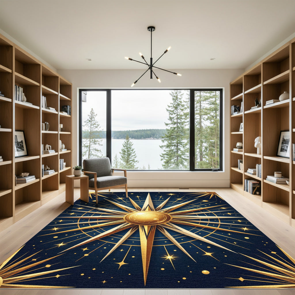Golden Celestial Star Compass Navy Rug