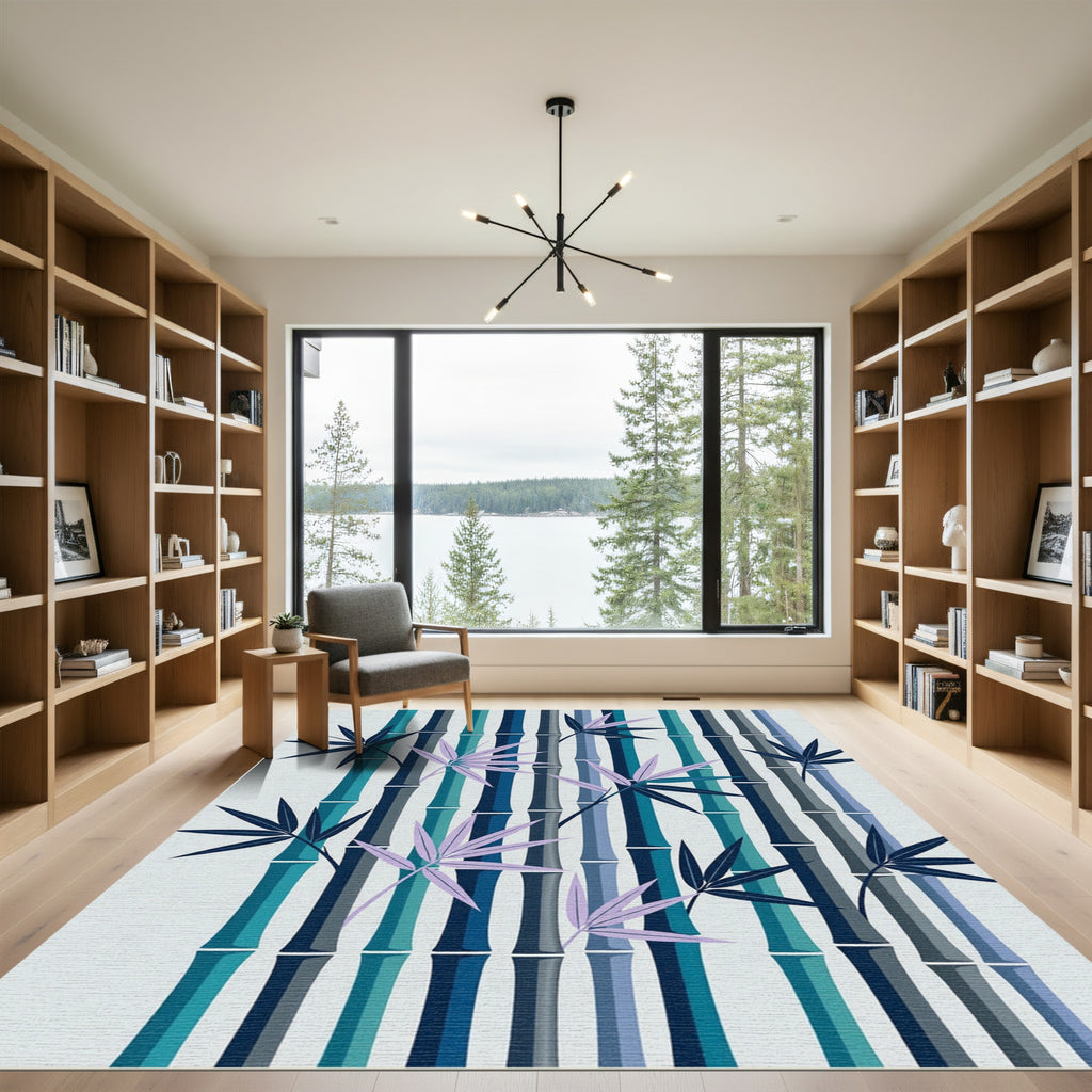 Cool Blue Bamboo Leaves Rug