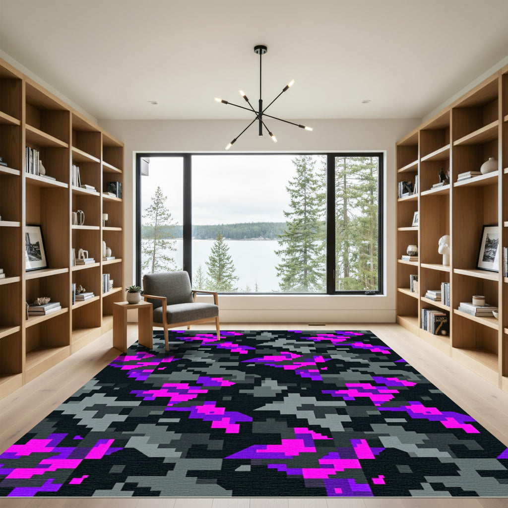 Neon Purple and Charcoal Pixel Camo Rug