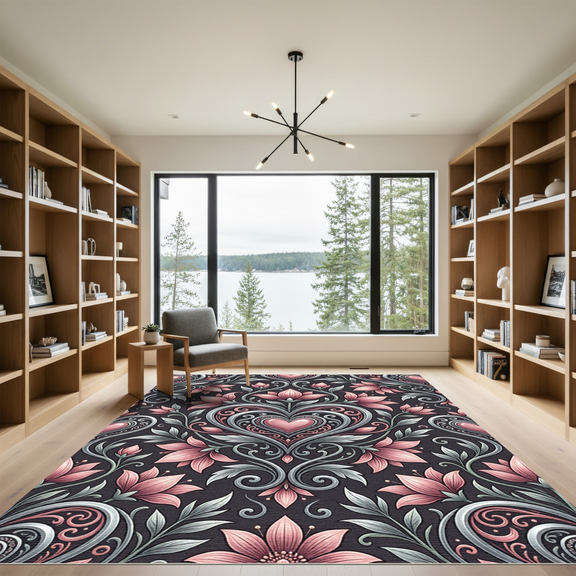 Pink Heart Floral Scrollwork Damask Rug