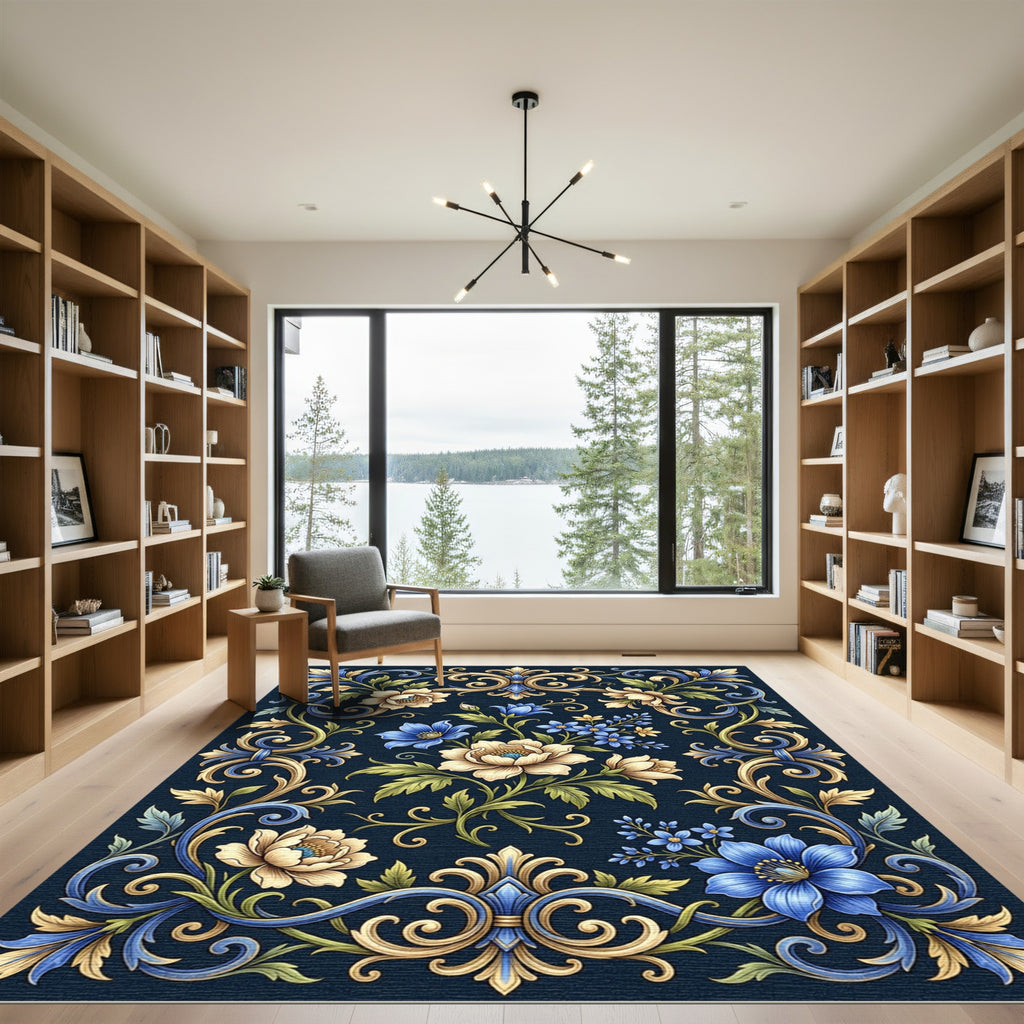 Ornate Floral Swirls in Navy Gold Rug