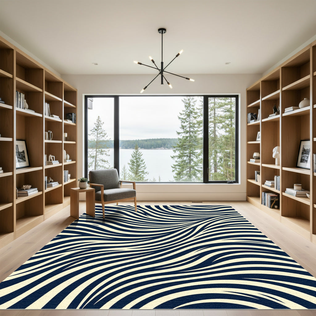 Minimalist Navy and Cream Flowing Wave Rug