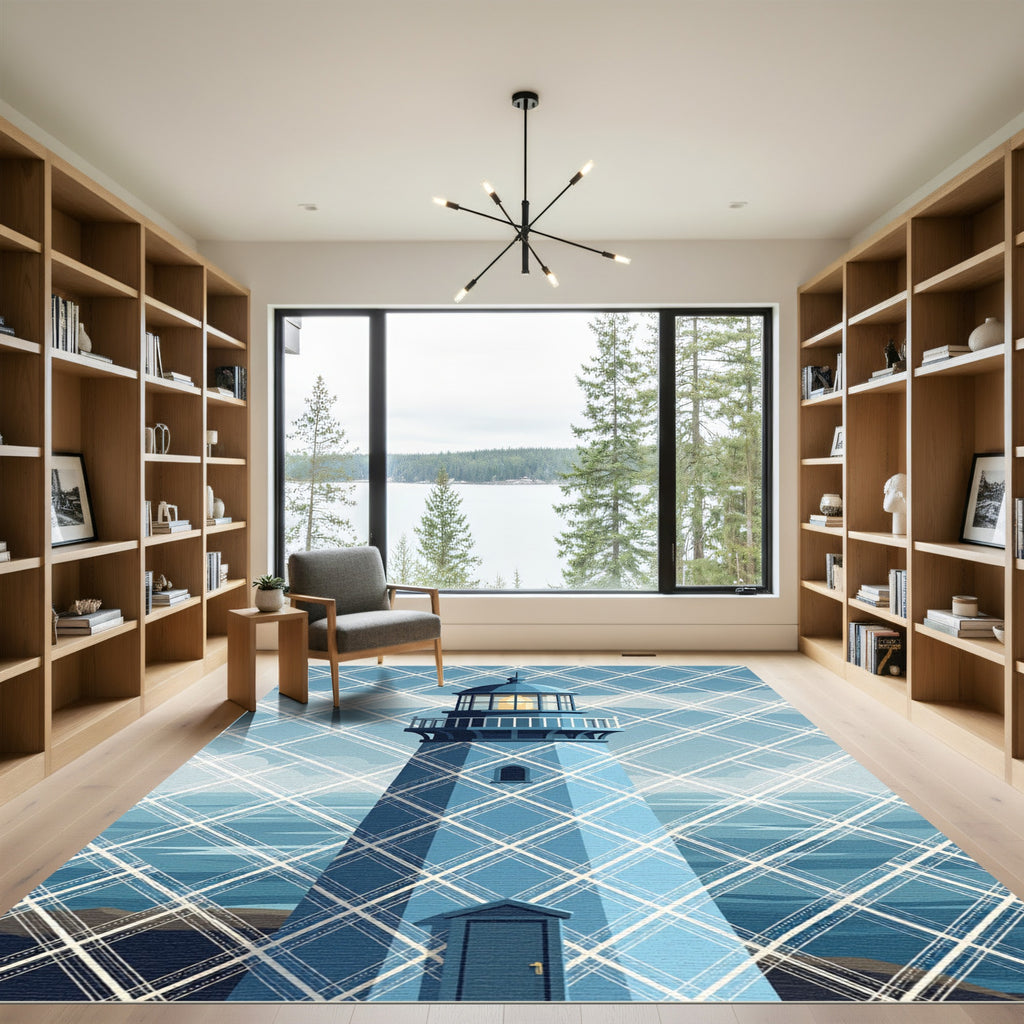 Blue Plaid Lighthouse Coastal Art Rug