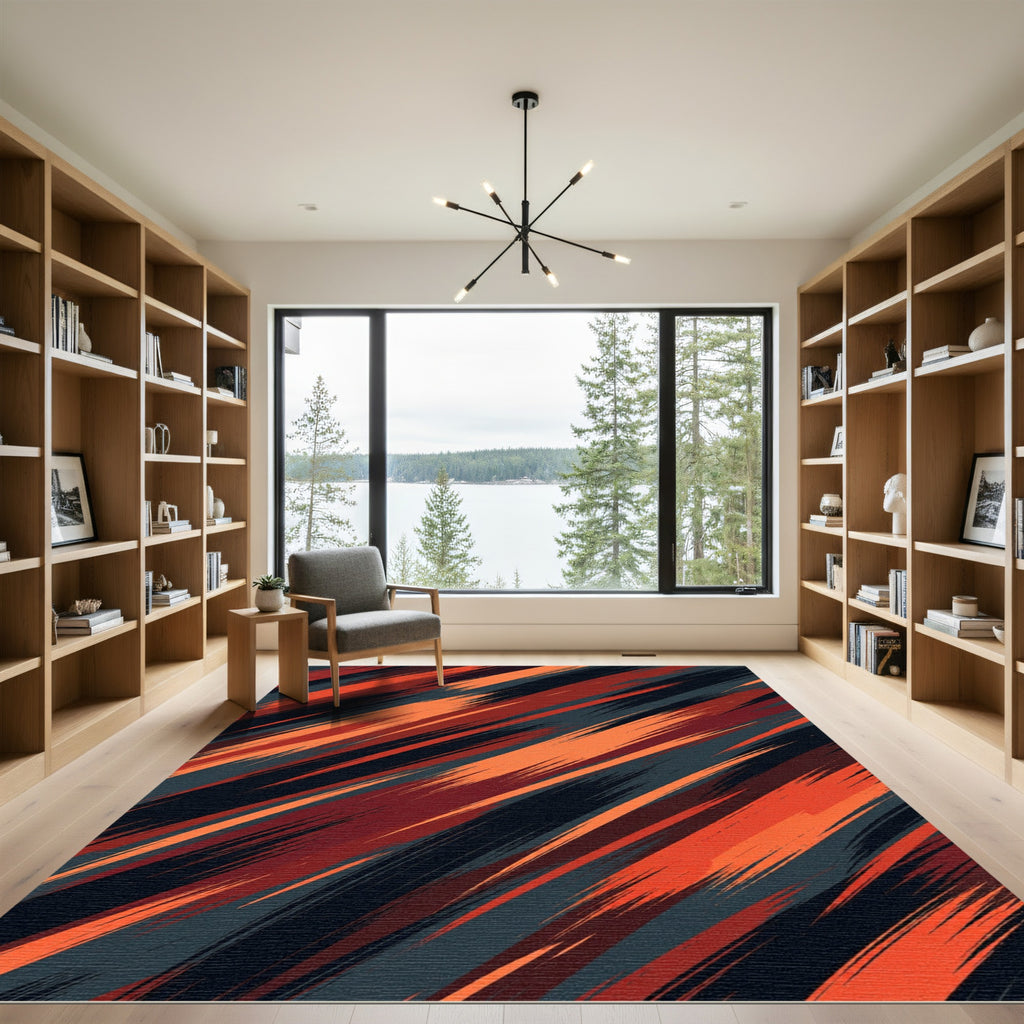 Modern Abstract Burnt Orange Charcoal Striation Rug