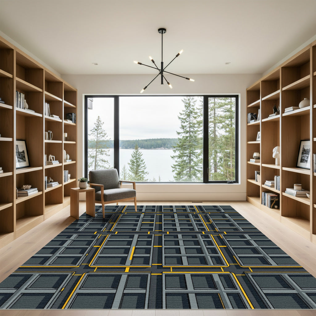 Gray Yellow Interlocking Grid Composition Rug