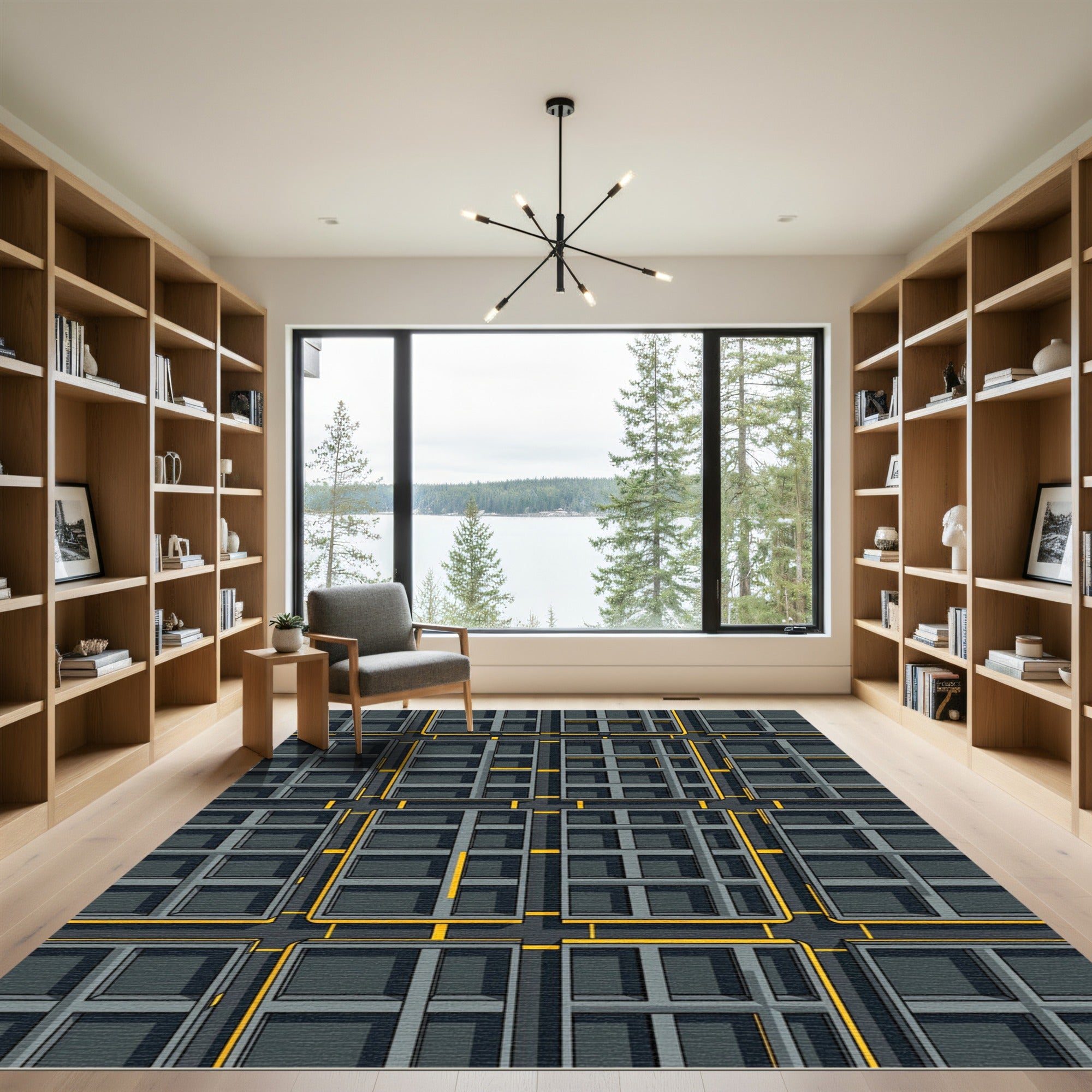 Gray Yellow Interlocking Grid Composition Rug