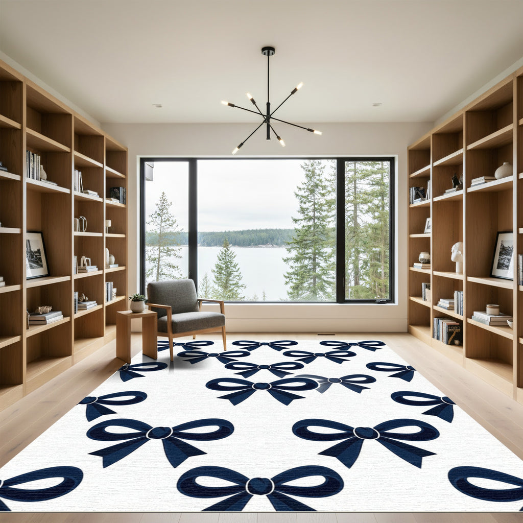 Elegant Navy Blue Ribbon Bows Rug