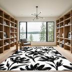 Bold Black Ink Botanical Floral Illustration Rug