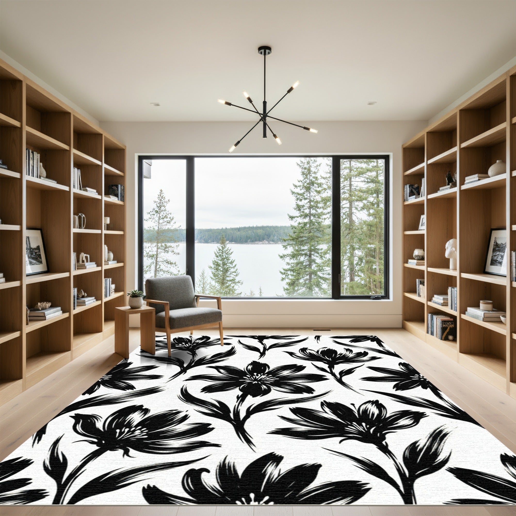 Bold Black Ink Botanical Floral Illustration Rug