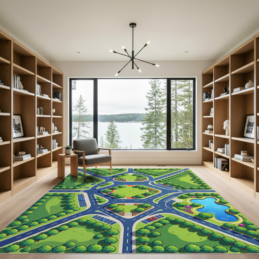 Whimsical Roadside Park Aerial Map Rug
