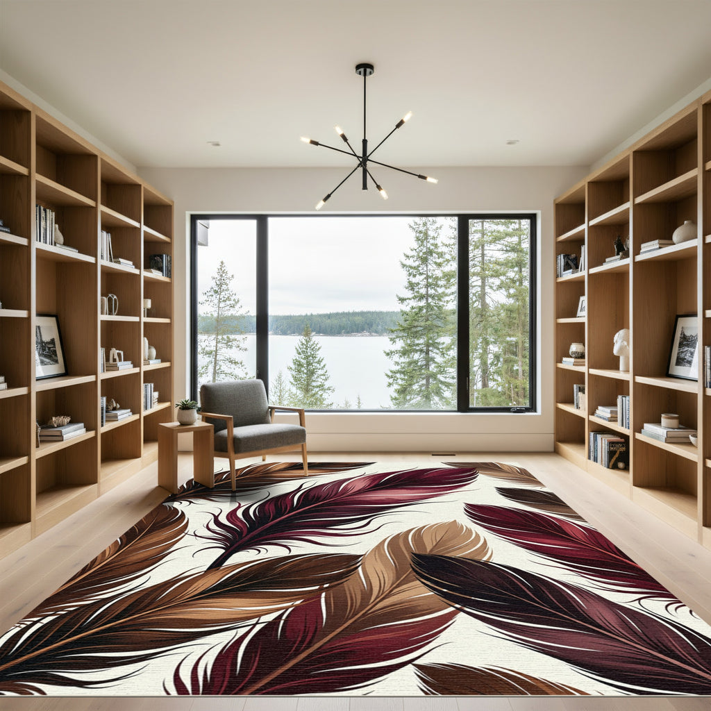 Sophisticated Crimson and Earthy Feather Composition Rug