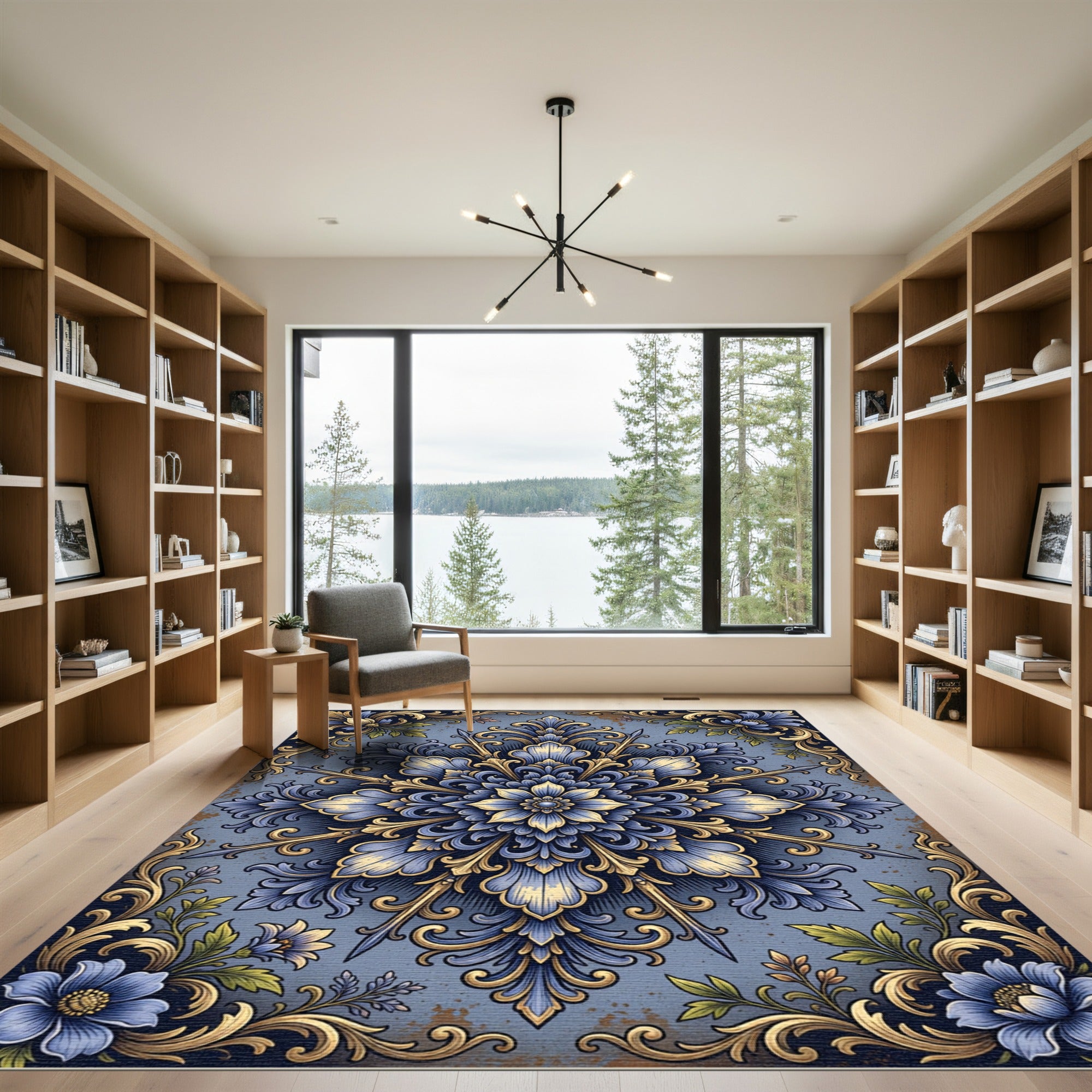 Ornate Vintage Blue Golden Floral Medallion Rug