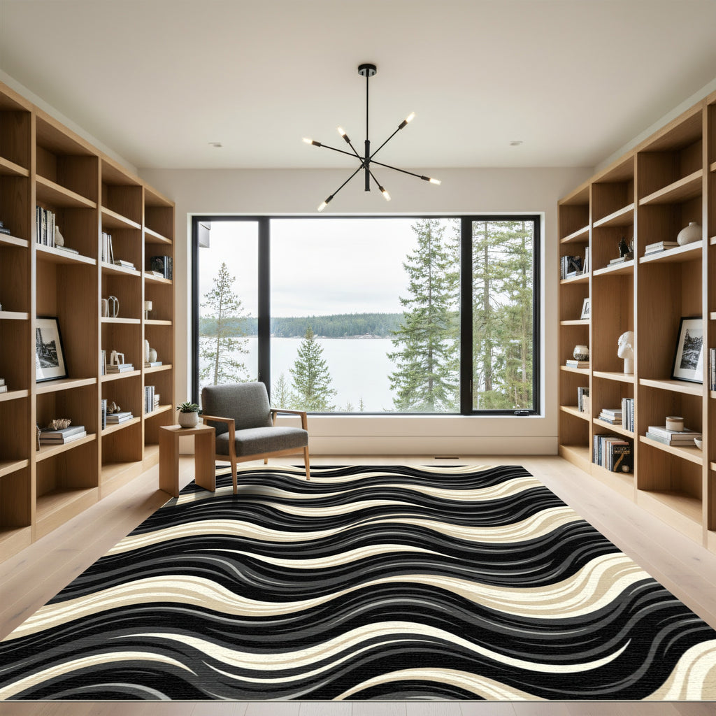 Dynamic Black Gold Curving Stripes Rug