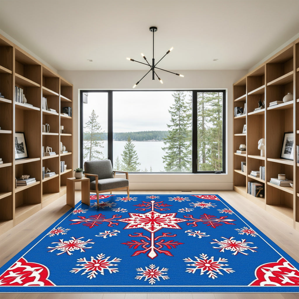 Blue Red Snowflake Medallion Rug