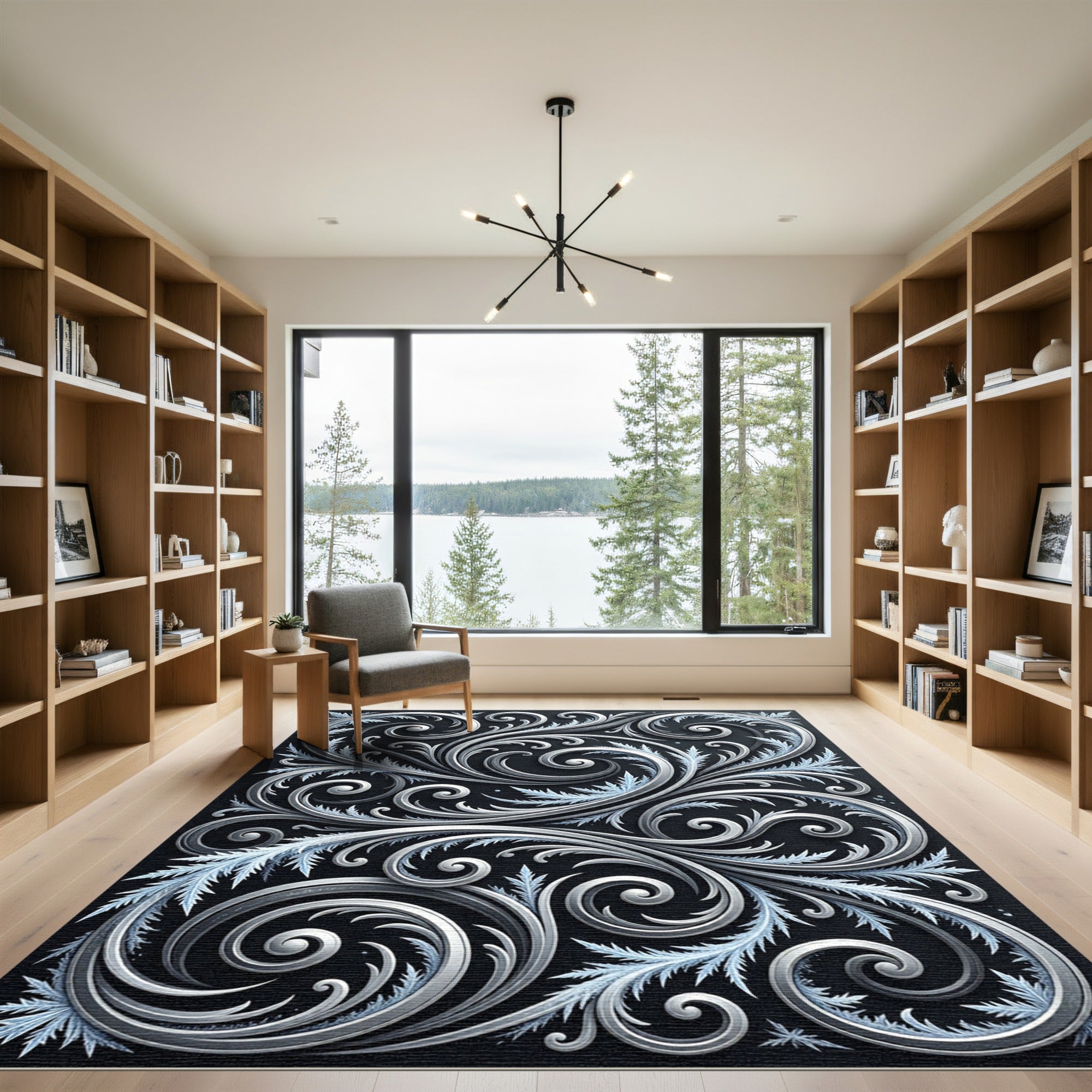 Elegant Silver Swirls on Charcoal Rug