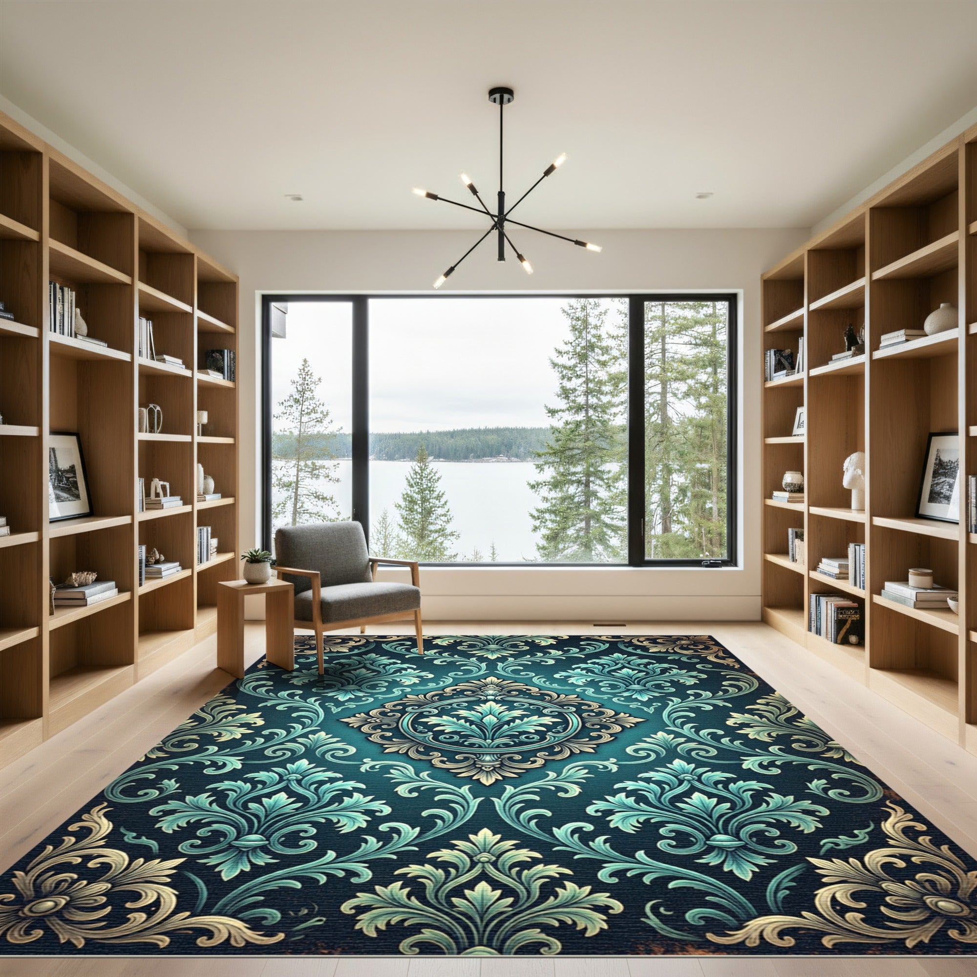 Ornate Teal Damask Floral Filigree Rug