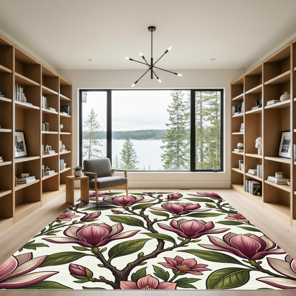 Pink Magnolia Branch Botanical Illustration Redesign Rug