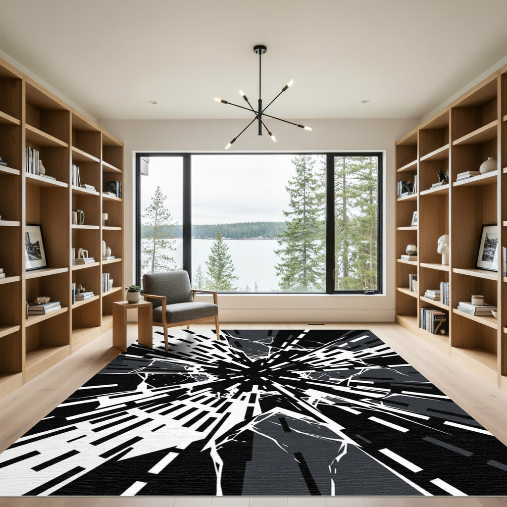 Monochrome Abstract Geometric Shattered Glass Burst Rug