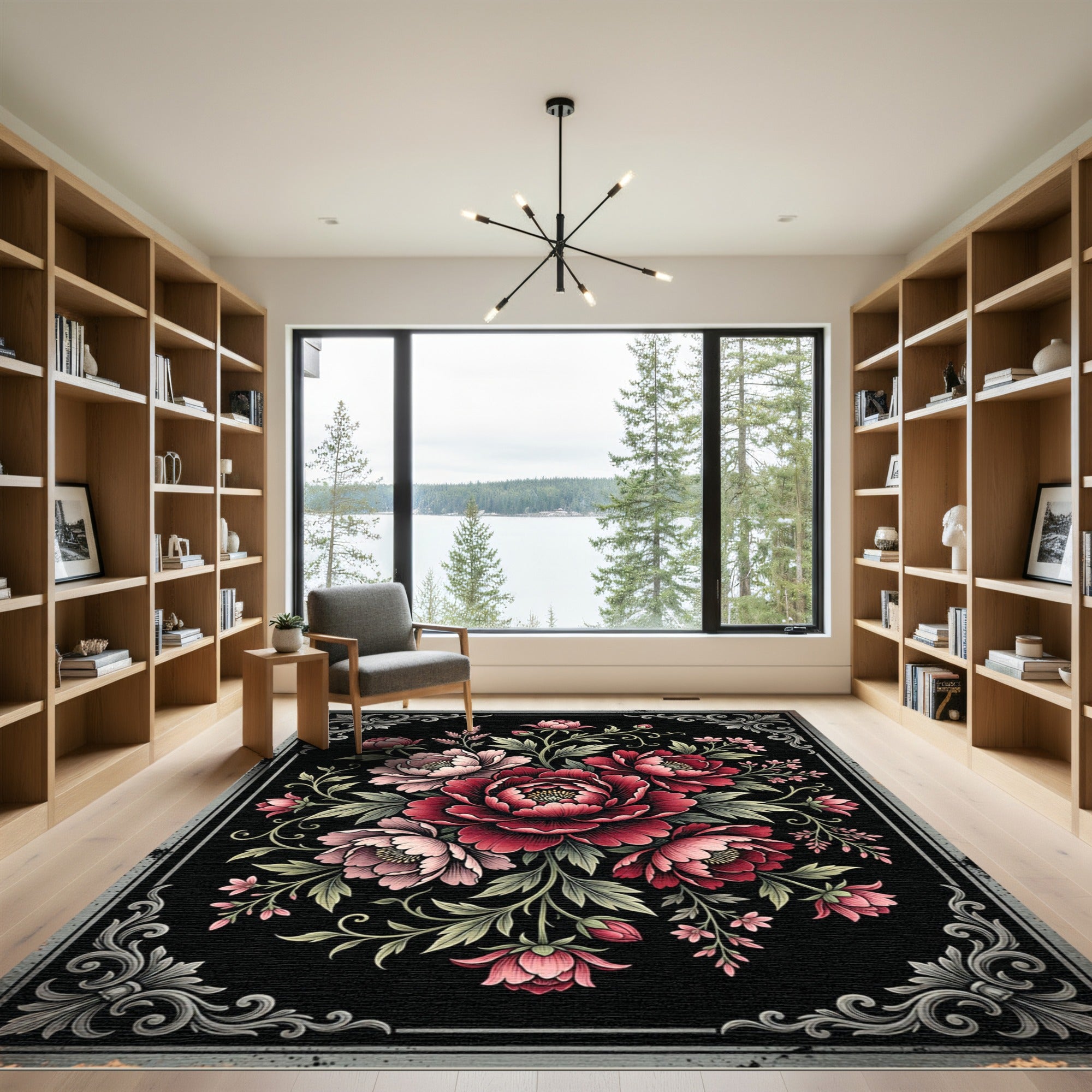 Dark Crimson Peony Floral Medallion Rug