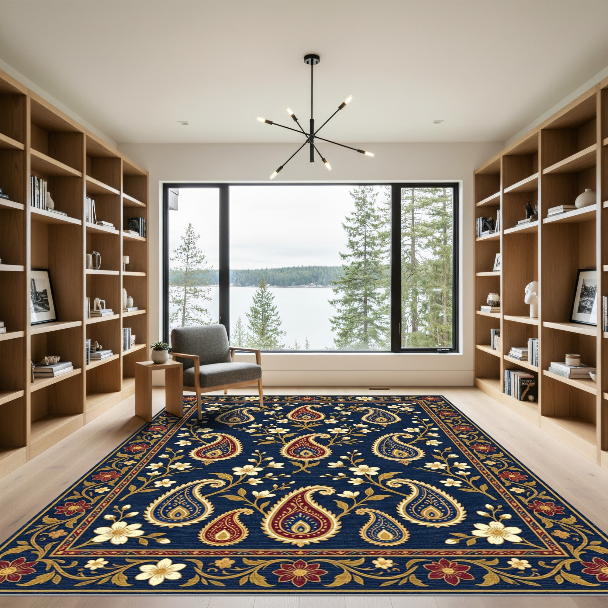 Indigo Paisley Floral Border Rug