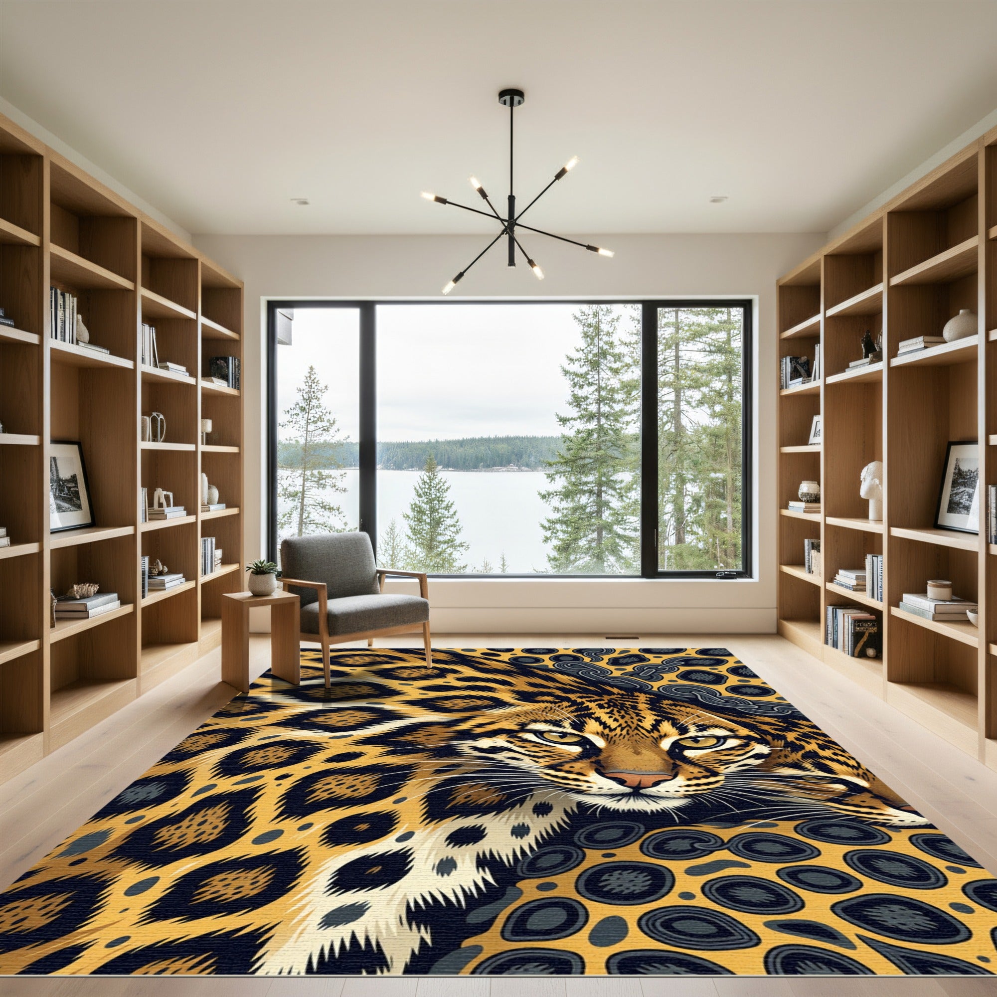 Golden Leopard Portrait with Chain Links Rug