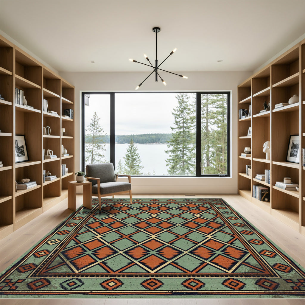 Vintage Teal and Rust Diamond Rug