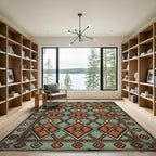 Vintage Teal and Rust Diamond Rug