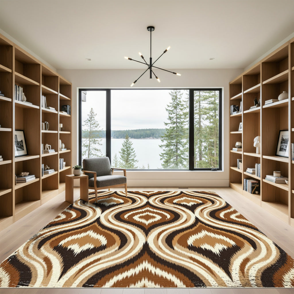 Mid Century Brown Ikat Wave Rug