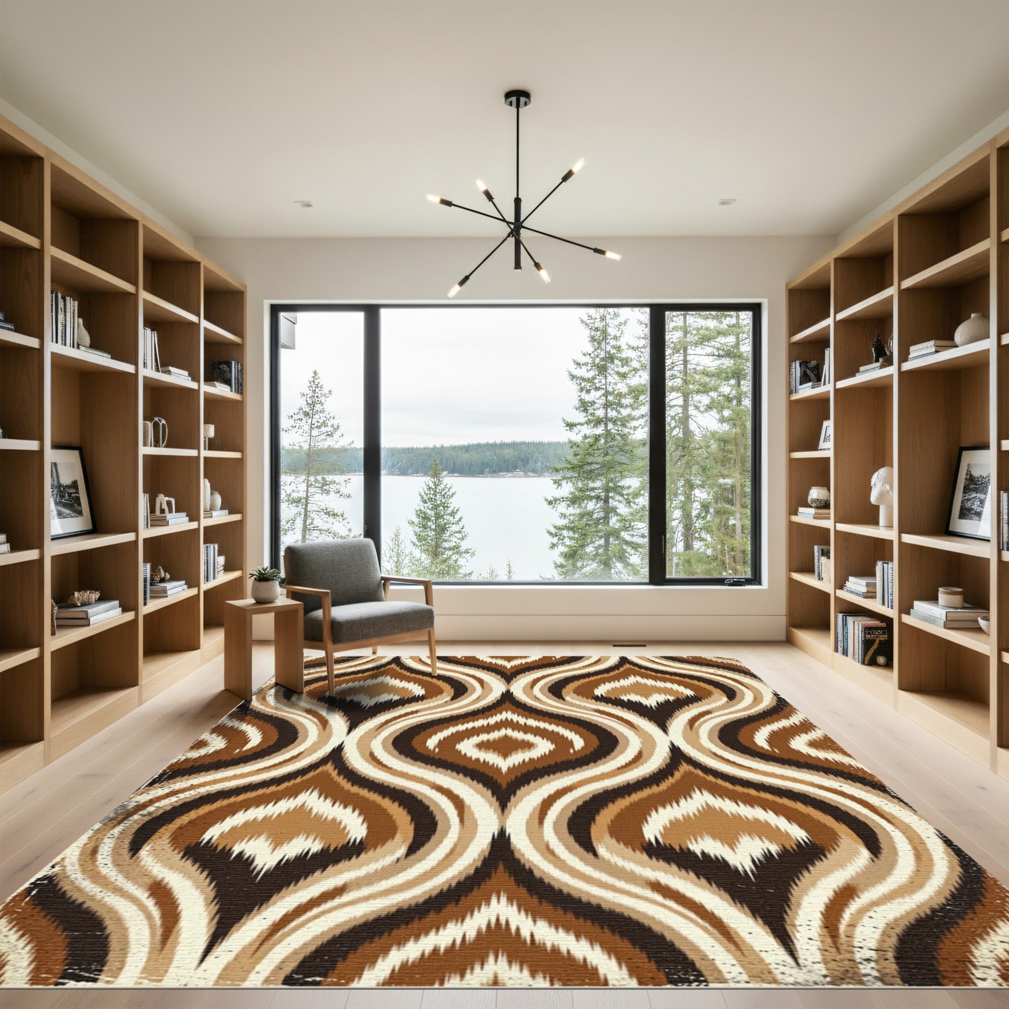 Mid Century Brown Ikat Wave Rug