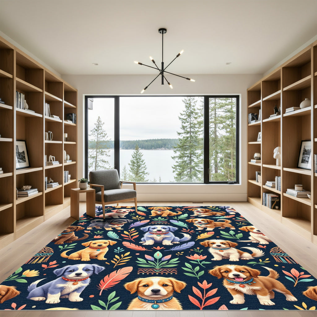 Cute Puppies with Feathers and Foliage Rug