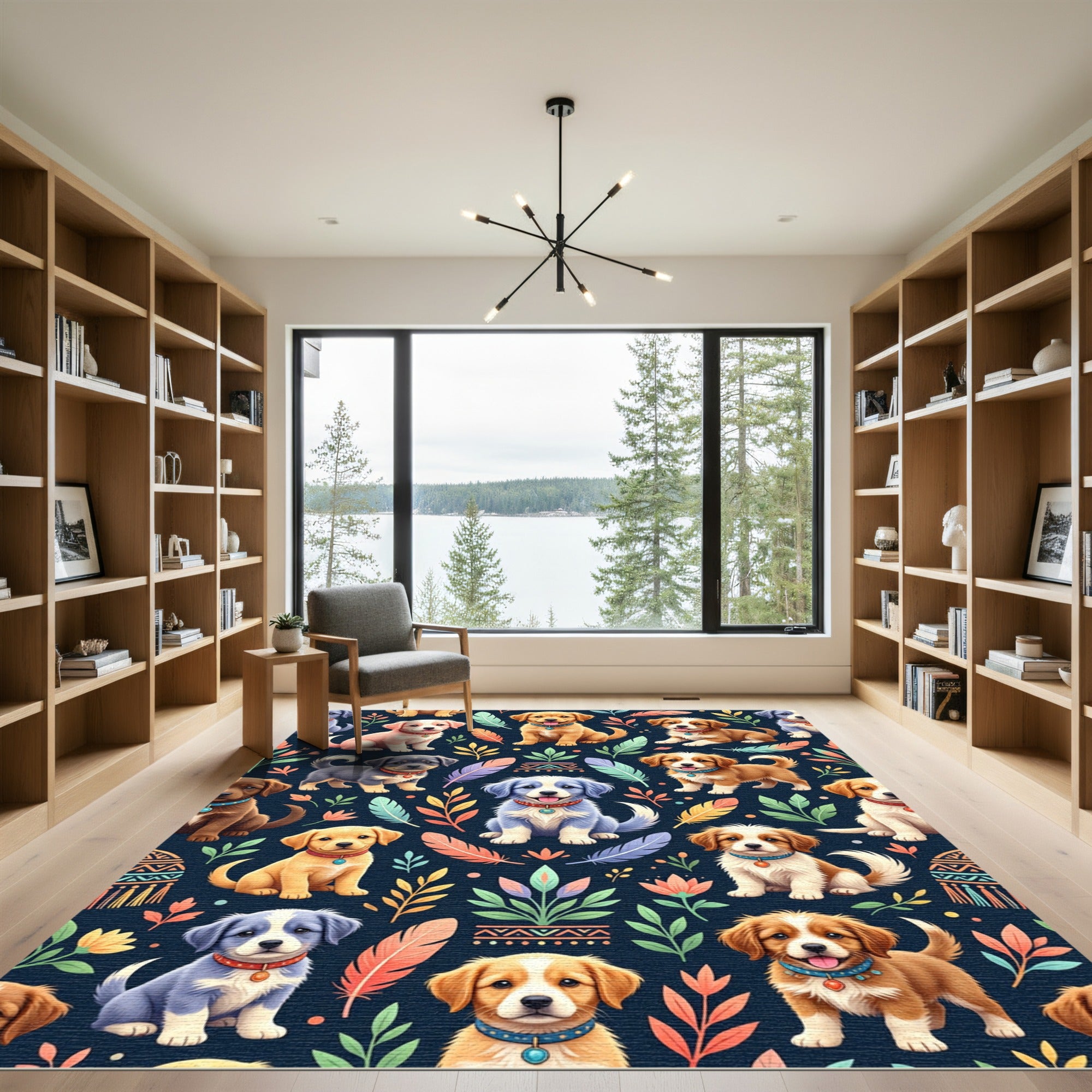 Cute Puppies with Feathers and Foliage Rug