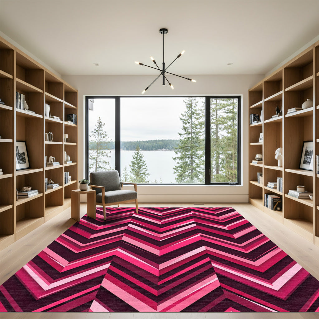 Vibrant Pink Chevron Layered Geometric Rug