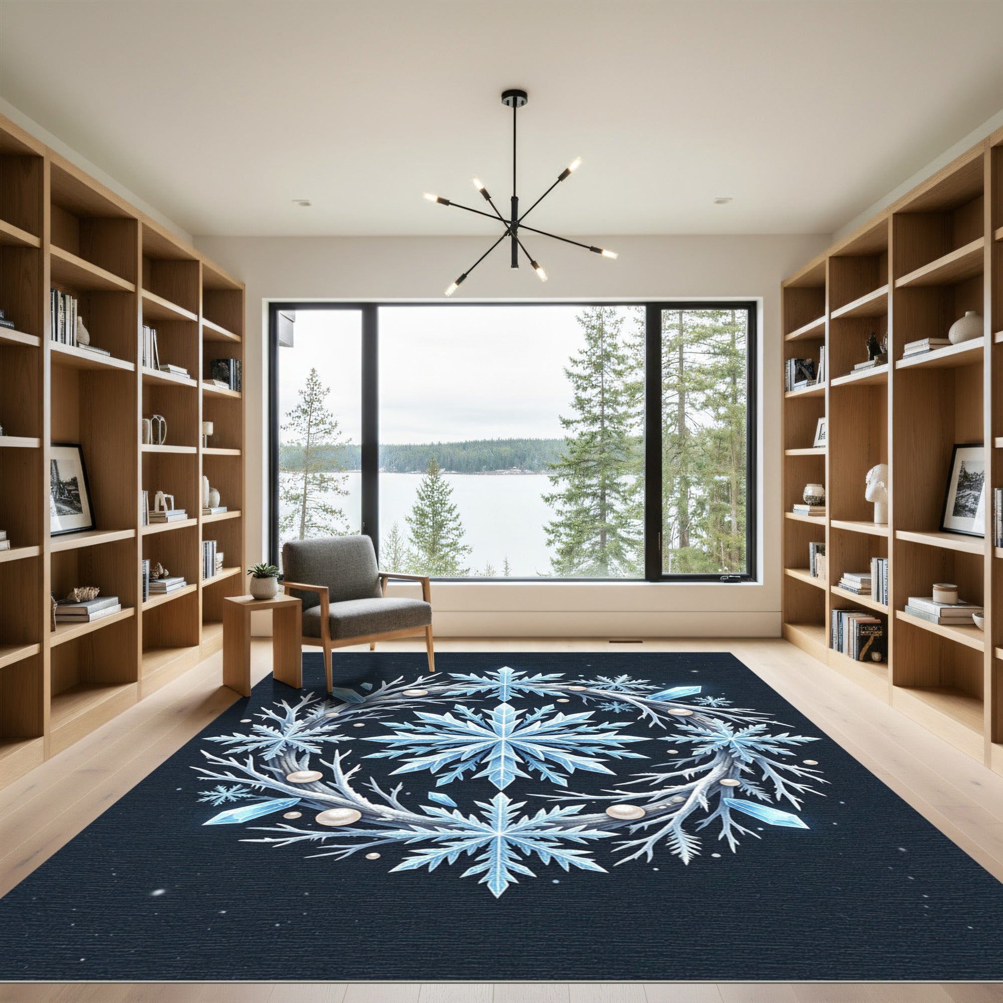 Icy Blue Winter Snowflake Crystal Wreath Rug
