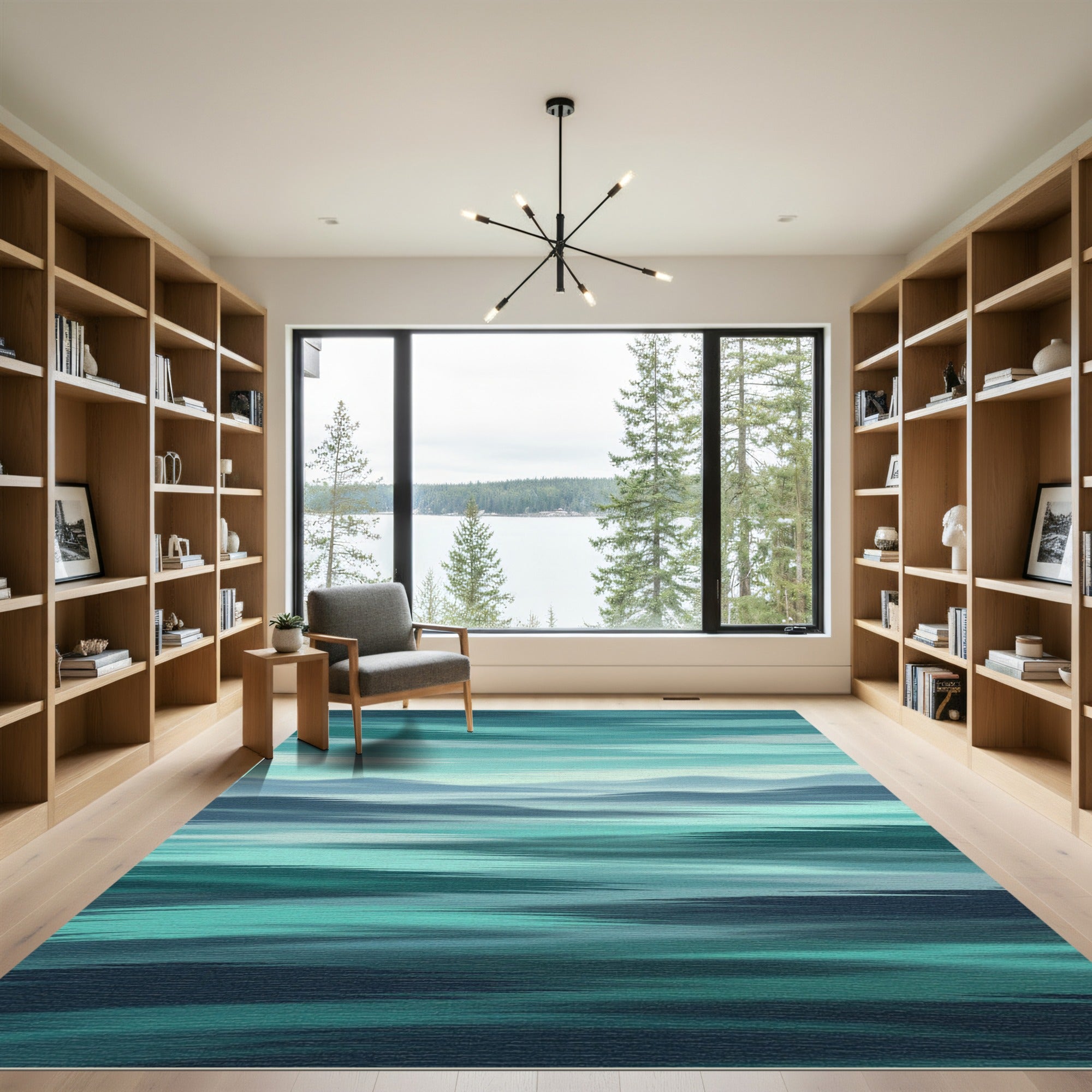 Serene Teal Abstract Blurred Horizon Rug