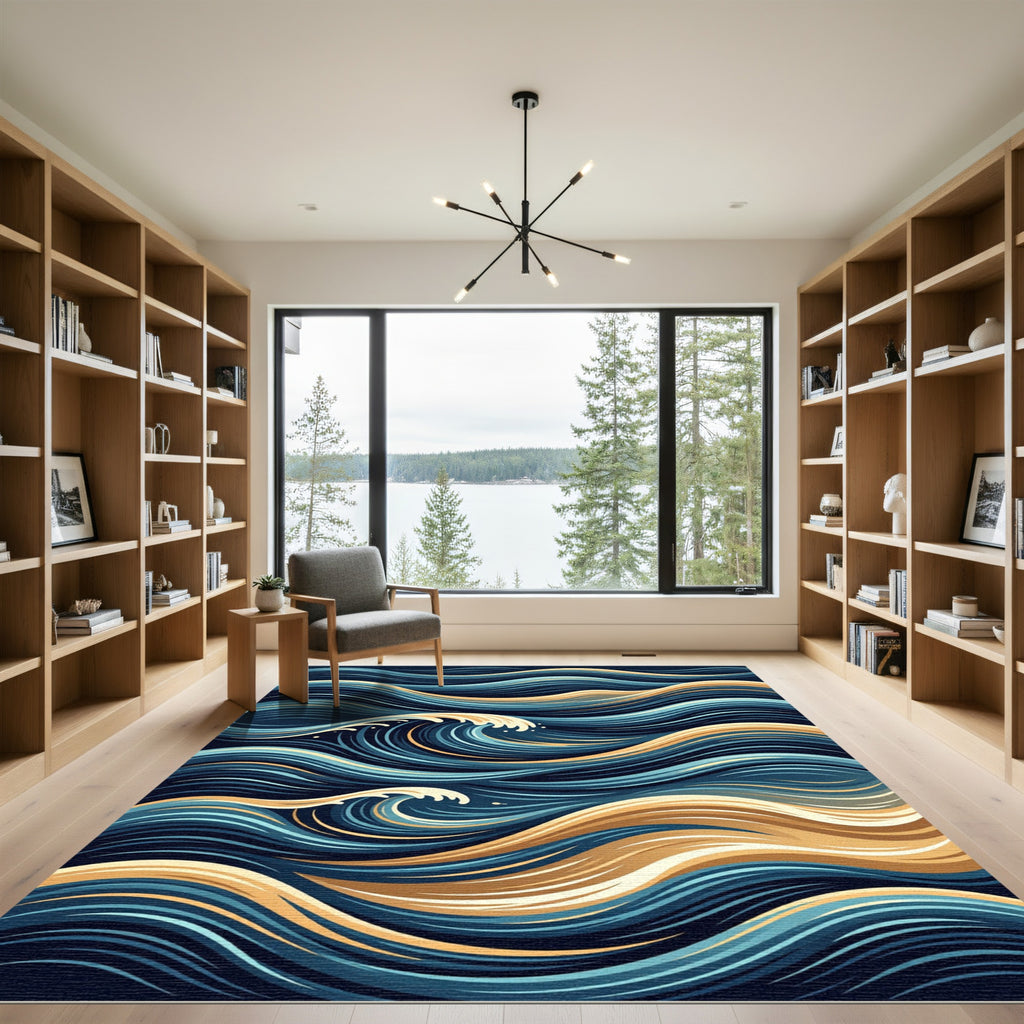 Abstract Gold and Navy Ocean Wave Rug