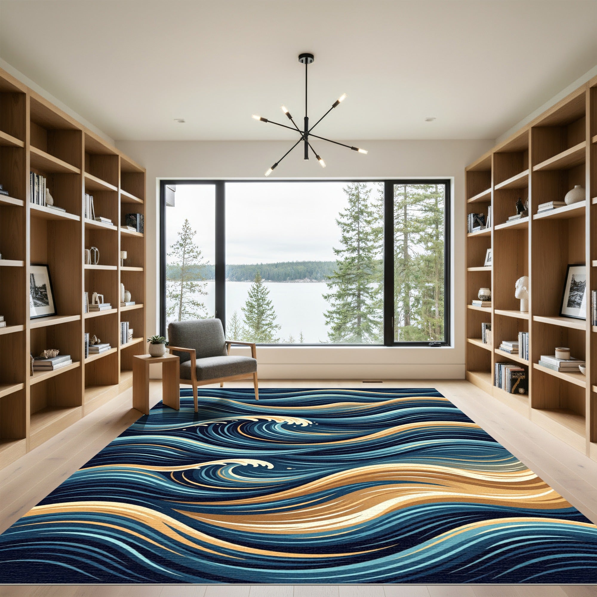 Abstract Gold and Navy Ocean Wave Rug