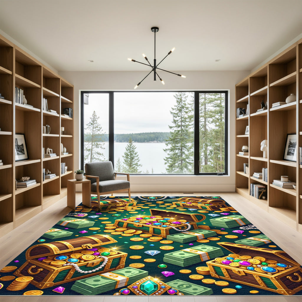 Glittering Treasure Chests Golden Coin Rug