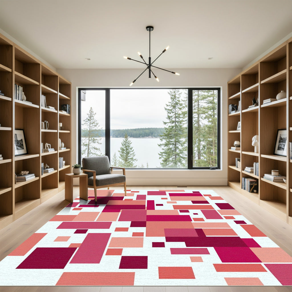 Crimson Coral Rectangles Composition Rug
