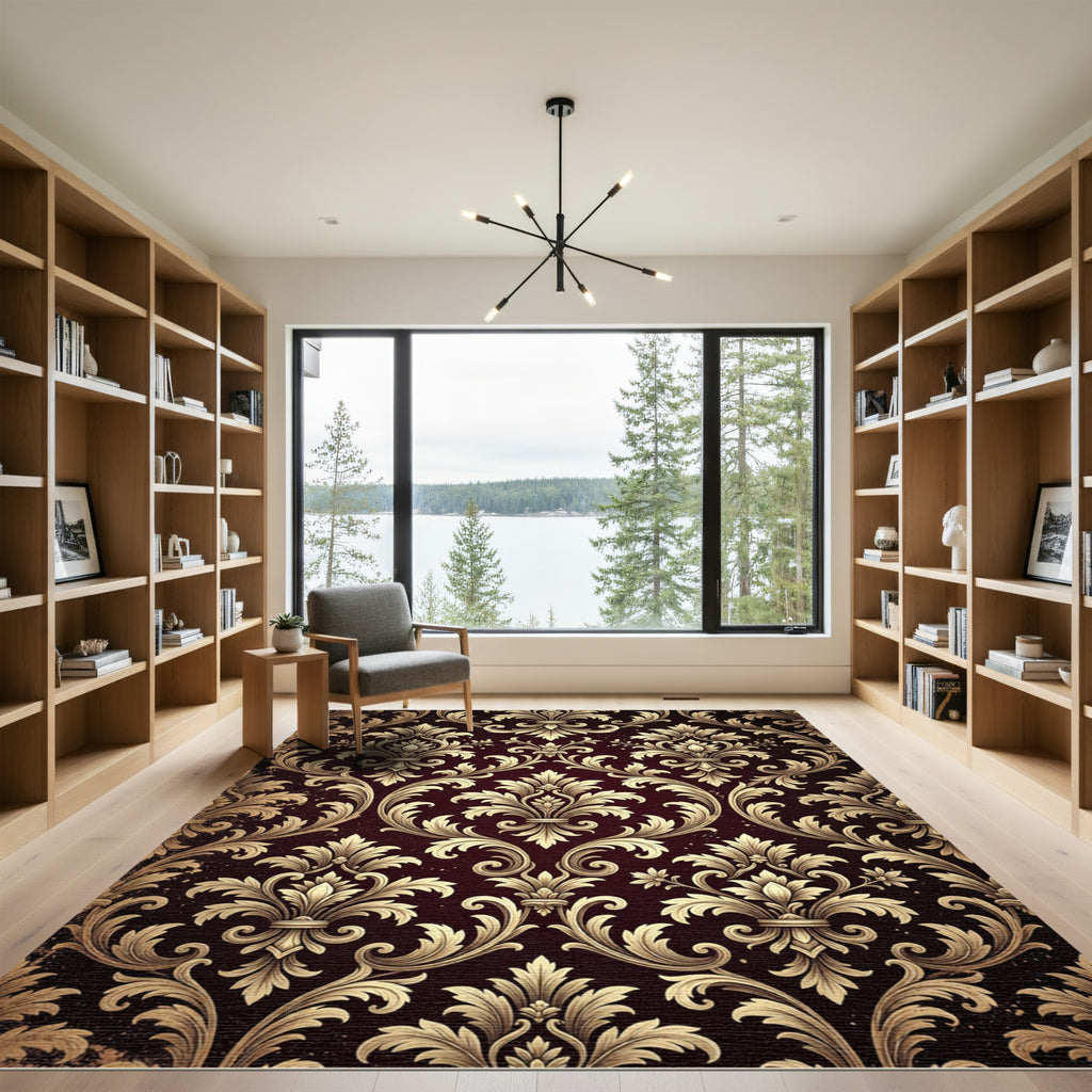 Elegant Gold Damask Deep Burgundy Scroll Rug