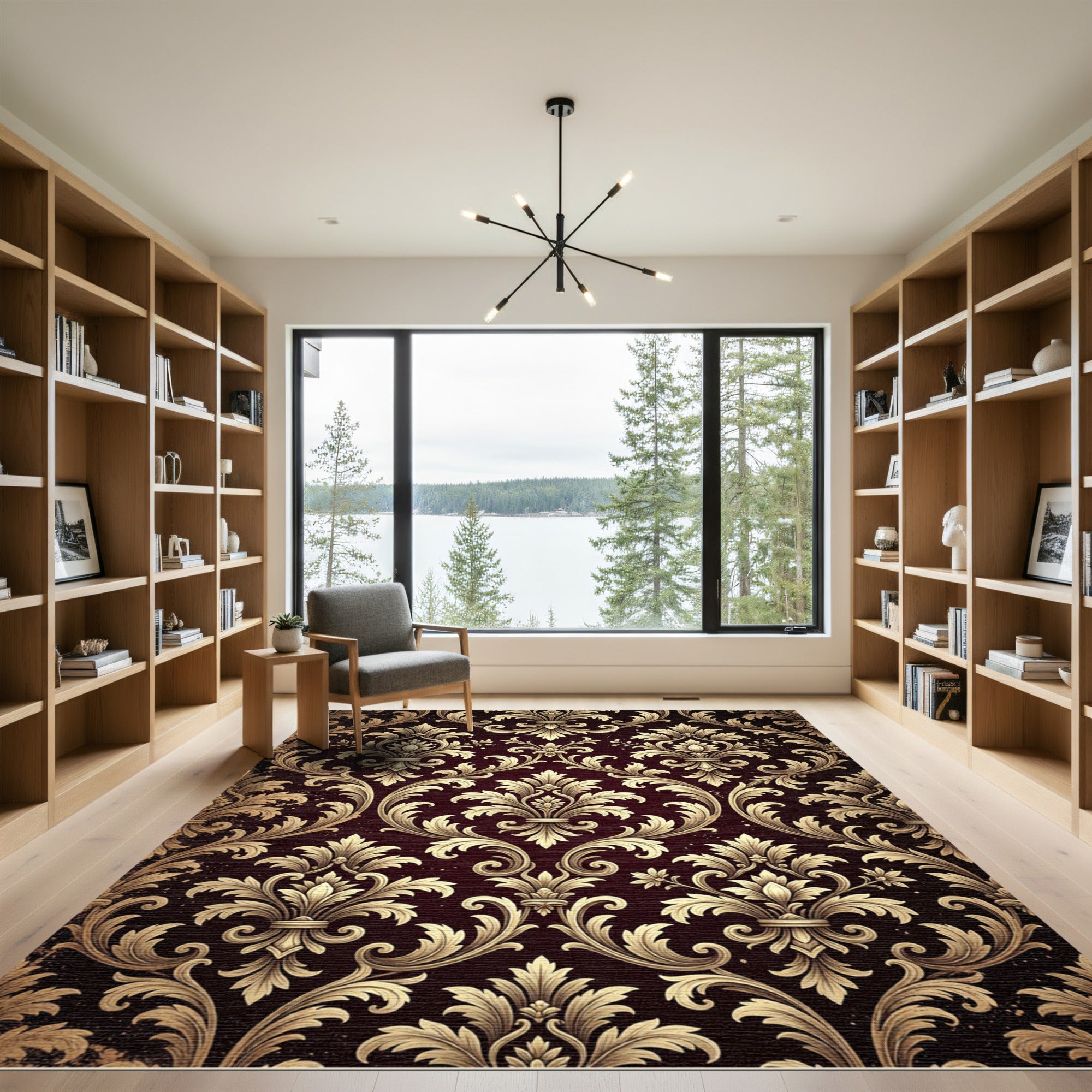 Elegant Gold Damask Deep Burgundy Scroll Rug