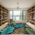 Tropical Teal Gold Leaf Fern Rug