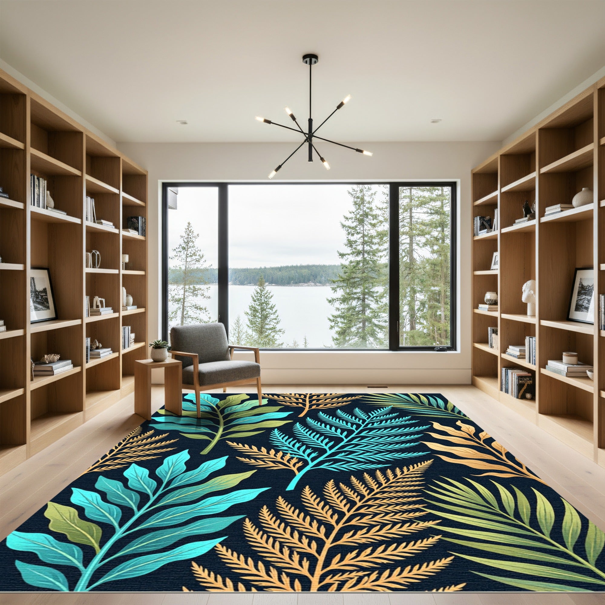 Tropical Teal Gold Leaf Fern Rug